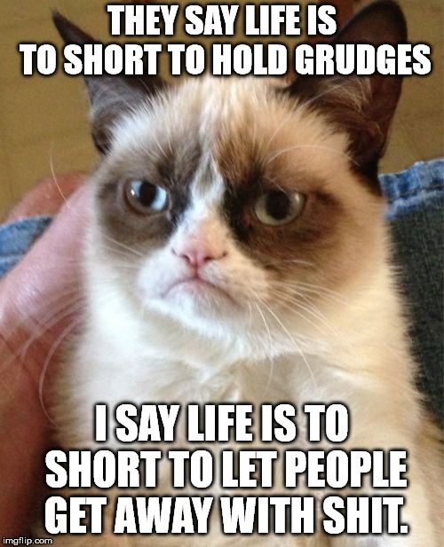Grumpy Cat Meme | THEY SAY LIFE IS TO SHORT TO HOLD GRUDGES; I SAY LIFE IS TO SHORT TO LET PEOPLE GET AWAY WITH SHIT. | image tagged in memes,grumpy cat | made w/ Imgflip meme maker
