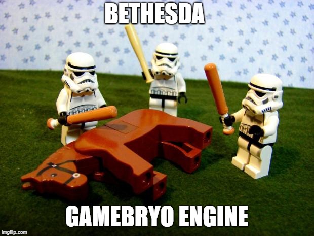 Beating a dead horse | BETHESDA; GAMEBRYO ENGINE | image tagged in beating a dead horse | made w/ Imgflip meme maker