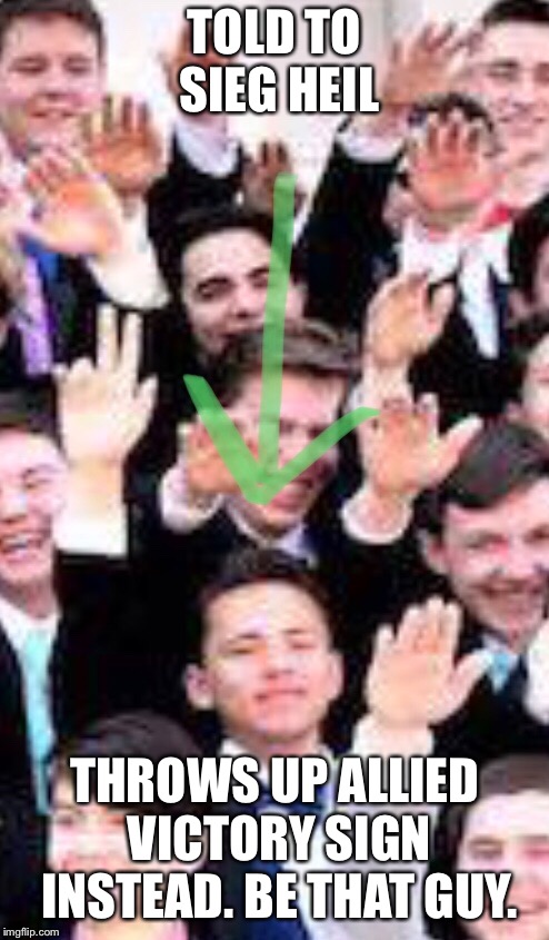 Be that guy | TOLD TO SIEG HEIL; THROWS UP ALLIED VICTORY SIGN INSTEAD. BE THAT GUY. | image tagged in hero | made w/ Imgflip meme maker