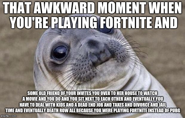 Awkward Moment Sealion | THAT AWKWARD MOMENT WHEN YOU'RE PLAYING FORTNITE AND; SOME OLD FRIEND OF YOUR INVITES YOU OVER TO HER HOUSE TO WATCH A MOVIE AND YOU DO AND YOU SIT NEXT TO EACH OTHER AND EVENTUALLY YOU HAVE TO DEAL WITH KIDS AND A DEAD END JOB AND TAXES AND DIVORCE AND JAIL TIME AND EVENTUALLY DEATH ROW ALL BECAUSE YOU WERE PLAYING FORTNITE INSTEAD OF PUBG | image tagged in memes,awkward moment sealion | made w/ Imgflip meme maker