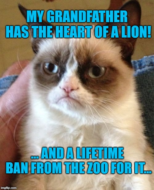 No Zoo For You! His Grandpa was One Tough Cookie, Apparently! Don't make me explain it. Think it through.  | MY GRANDFATHER HAS THE HEART OF A LION! ... AND A LIFETIME BAN FROM THE ZOO FOR IT... | image tagged in memes,grumpy cat,banned,all heart,stay out of my zoo | made w/ Imgflip meme maker