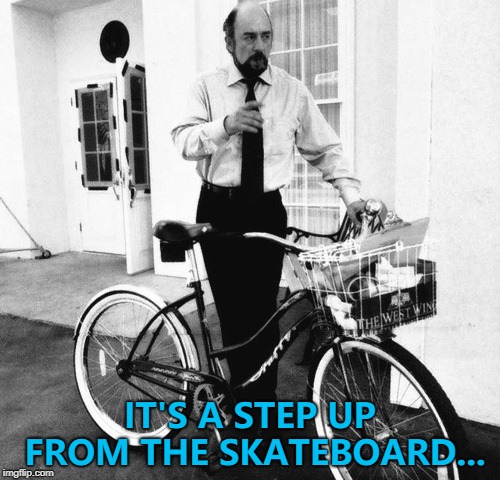 Martin Sheen got a moped... :) | IT'S A STEP UP FROM THE SKATEBOARD... | image tagged in toby ziegler west wing bicycle,memes,tv,skateboard | made w/ Imgflip meme maker