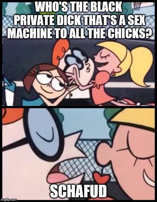 Who's the black private dick? | WHO'S THE BLACK PRIVATE DICK THAT'S A SEX MACHINE TO ALL THE CHICKS? SCHAFUD | image tagged in say it again dexter | made w/ Imgflip meme maker