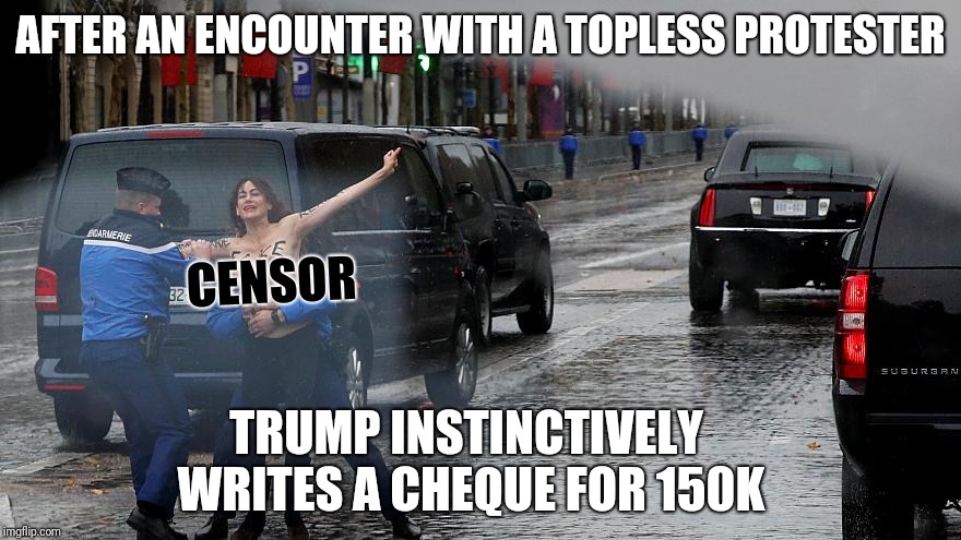 Grab it! | AFTER AN ENCOUNTER WITH A TOPLESS PROTESTER; CENSOR; TRUMP INSTINCTIVELY WRITES A CHEQUE FOR 150K | image tagged in funny,memes,trump,donald trump | made w/ Imgflip meme maker