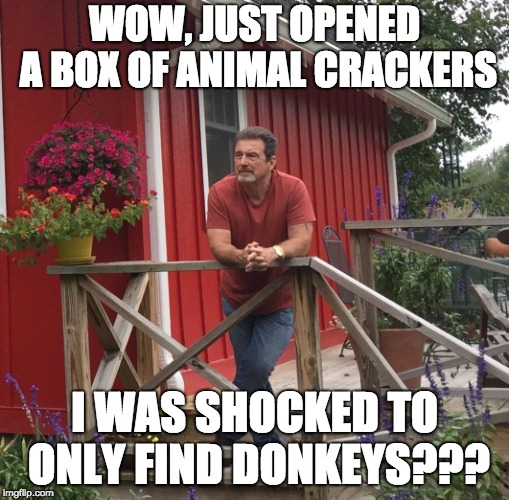 Pondering |  WOW, JUST OPENED A BOX OF ANIMAL CRACKERS; I WAS SHOCKED TO ONLY FIND DONKEYS??? | image tagged in pondering | made w/ Imgflip meme maker