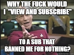 Annoyed picard | WHY THE FUCK WOULD I  "VIEW AND SUBSCRIBE"; TO A SUB THAT BANNED ME FOR NOTHING? | image tagged in annoyed picard | made w/ Imgflip meme maker