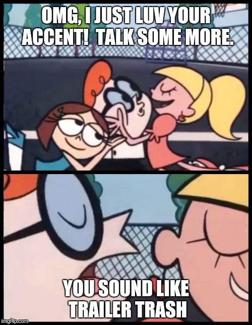 Say What You Think, Dexter | OMG, I JUST LUV YOUR ACCENT!  TALK SOME MORE. YOU SOUND LIKE TRAILER TRASH | image tagged in say it again dexter,trailer trash,down by the river,yayaya | made w/ Imgflip meme maker
