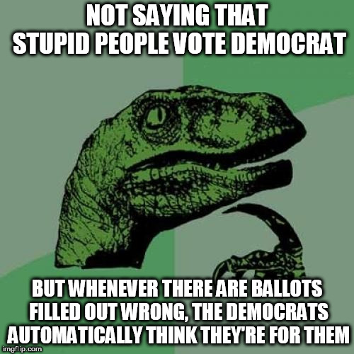 Philosoraptor | NOT SAYING THAT STUPID PEOPLE VOTE DEMOCRAT; BUT WHENEVER THERE ARE BALLOTS FILLED OUT WRONG, THE DEMOCRATS AUTOMATICALLY THINK THEY'RE FOR THEM | image tagged in memes,philosoraptor | made w/ Imgflip meme maker