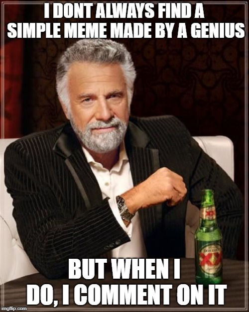 I DONT ALWAYS FIND A SIMPLE MEME MADE BY A GENIUS BUT WHEN I DO, I COMMENT ON IT | image tagged in memes,the most interesting man in the world | made w/ Imgflip meme maker