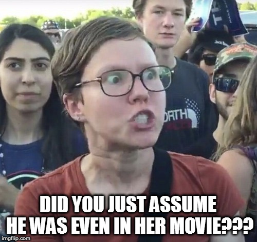 Triggered feminist | DID YOU JUST ASSUME HE WAS EVEN IN HER MOVIE??? | image tagged in triggered feminist | made w/ Imgflip meme maker
