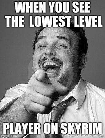 laughingguy | WHEN YOU SEE THE 
LOWEST LEVEL; PLAYER ON SKYRIM | image tagged in laughingguy | made w/ Imgflip meme maker
