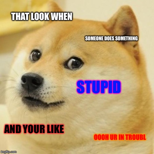 Doge Meme | THAT LOOK WHEN; SOMEONE DOES SOMETHING; STUPID; AND YOUR LIKE; OOOH UR IN TROUBL | image tagged in memes,doge | made w/ Imgflip meme maker