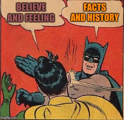 Discussing with the right wing  | BELIEVE AND FEELING; FACTS AND HISTORY | image tagged in memes,batman slapping robin | made w/ Imgflip meme maker
