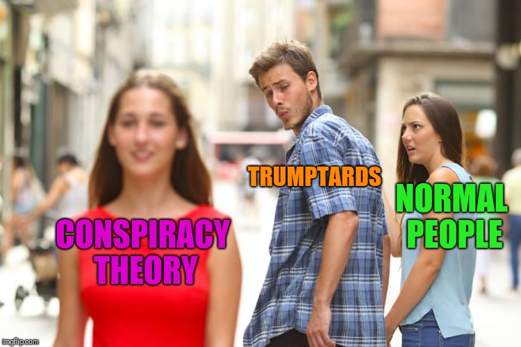 Distracted Boyfriend Meme | CONSPIRACY THEORY TRUMPTARDS NORMAL PEOPLE | image tagged in memes,distracted boyfriend | made w/ Imgflip meme maker