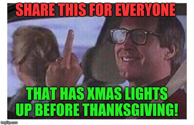 At least wait until december first dickhead!  | SHARE THIS FOR EVERYONE; THAT HAS XMAS LIGHTS UP BEFORE THANKSGIVING! | image tagged in christmas vacation,thanksgiving,hate christmas,the finger | made w/ Imgflip meme maker