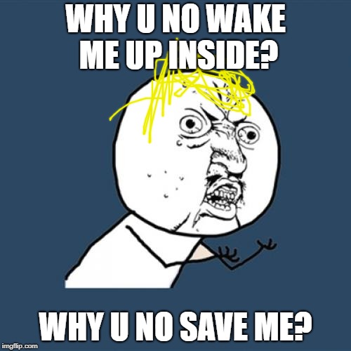 Y U No Meme | WHY U NO WAKE ME UP INSIDE? WHY U NO SAVE ME? | image tagged in memes,y u no,wake up | made w/ Imgflip meme maker