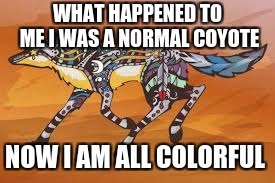 painted coyote | WHAT HAPPENED TO ME I WAS A NORMAL COYOTE; NOW I AM ALL COLORFUL | image tagged in coyote | made w/ Imgflip meme maker