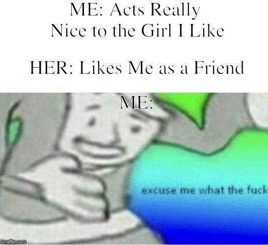 Excuse me wtf blank template | ME: Acts Really Nice to the Girl I Like; HER: Likes Me as a Friend; ME: | image tagged in excuse me wtf blank template | made w/ Imgflip meme maker