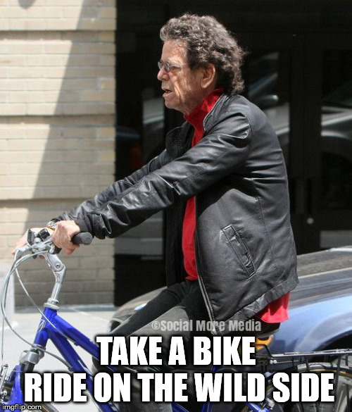 The Late Great Lou Reed takes a Bike Ride on the Wild Side  | TAKE A BIKE RIDE ON THE WILD SIDE | image tagged in lou reed,rip,bike,nyc,new york city,music | made w/ Imgflip meme maker