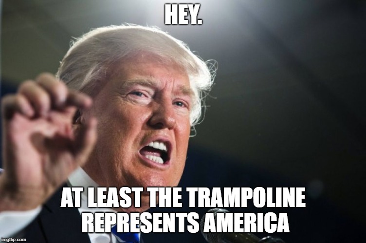 donald trump | HEY. AT LEAST THE TRAMPOLINE REPRESENTS AMERICA | image tagged in donald trump | made w/ Imgflip meme maker