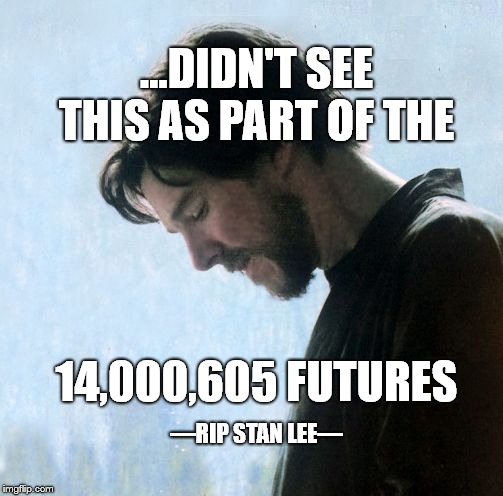 What Dr. Strange Overlooked… | …DIDN'T SEE THIS AS PART OF THE; 14,000,605 FUTURES; —RIP STAN LEE— | image tagged in stan lee,dr strange,marvel,avengers | made w/ Imgflip meme maker