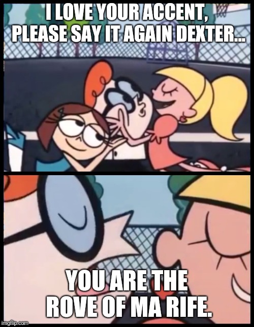 Say it Again, Dexter | I LOVE YOUR ACCENT, PLEASE SAY IT AGAIN DEXTER... YOU ARE THE ROVE OF MA RIFE. | image tagged in say it again dexter | made w/ Imgflip meme maker