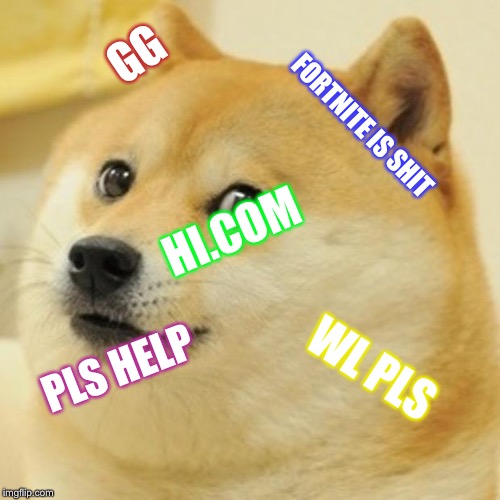 Doge | GG; FORTNITE IS SHIT; HI.COM; WL PLS; PLS HELP | image tagged in memes,doge | made w/ Imgflip meme maker