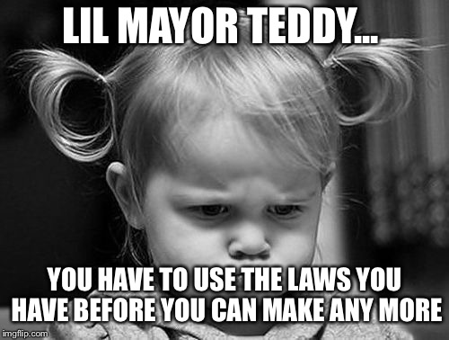 Pouting baby | LIL MAYOR TEDDY... YOU HAVE TO USE THE LAWS YOU HAVE BEFORE YOU CAN MAKE ANY MORE | image tagged in pouting baby | made w/ Imgflip meme maker