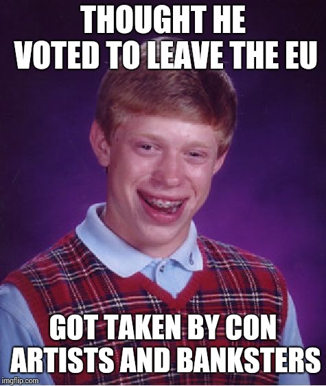 Bad Luck Brian Meme | THOUGHT HE VOTED TO LEAVE THE EU; GOT TAKEN BY CON ARTISTS AND BANKSTERS | image tagged in memes,bad luck brian | made w/ Imgflip meme maker