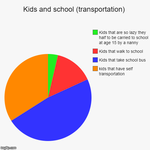Kids and school (transportation) | kids that have self transportation , Kids that take school bus, Kids that walk to school, Kids that are s | image tagged in funny,pie charts | made w/ Imgflip chart maker