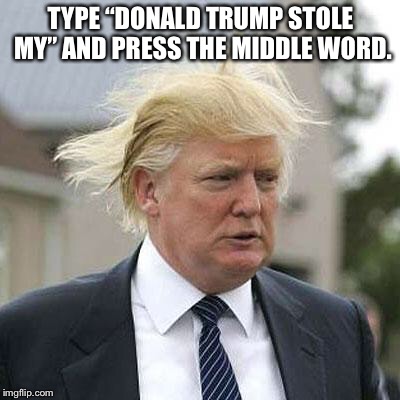 Donald Trump | TYPE “DONALD TRUMP STOLE MY” AND PRESS THE MIDDLE WORD. | image tagged in donald trump | made w/ Imgflip meme maker