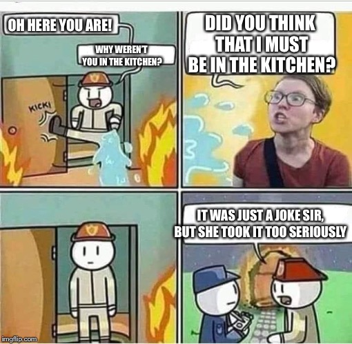 Triggered Feminist Burns | DID YOU THINK THAT I MUST BE IN THE KITCHEN? OH HERE YOU ARE! WHY WEREN’T YOU IN THE KITCHEN? IT WAS JUST A JOKE SIR, BUT SHE TOOK IT TOO SERIOUSLY | image tagged in triggered feminist burns | made w/ Imgflip meme maker