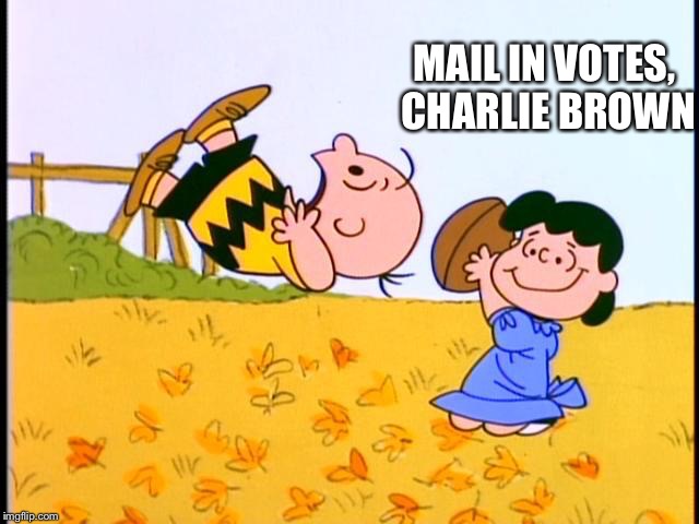 Charlie Brown and Lucy | MAIL IN VOTES, CHARLIE BROWN | image tagged in charlie brown and lucy | made w/ Imgflip meme maker