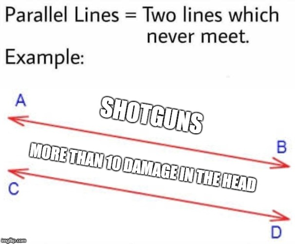 Parallel Lines | SHOTGUNS; MORE THAN 10 DAMAGE IN THE HEAD | image tagged in parallel lines | made w/ Imgflip meme maker