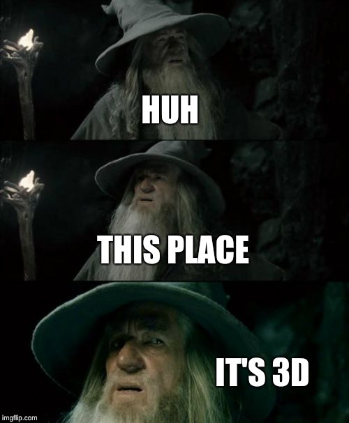 Confused Gandalf | HUH; THIS PLACE; IT'S 3D | image tagged in memes,confused gandalf | made w/ Imgflip meme maker