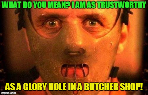 Why I don't trust online dating? | WHAT DO YOU MEAN? I AM AS TRUSTWORTHY; AS A GLORY HOLE IN A BUTCHER SHOP! | image tagged in why i don't trust online dating | made w/ Imgflip meme maker