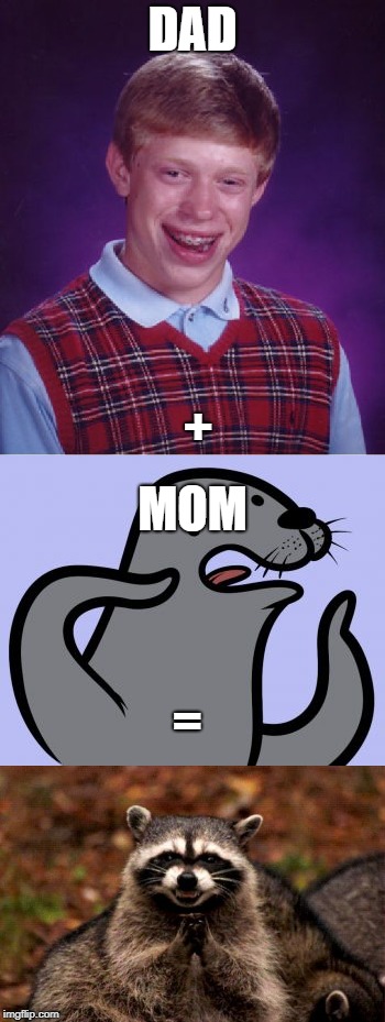 The truth. | DAD; +; MOM; = | image tagged in bad luck brian,homophobic seal,evil plotting raccoon | made w/ Imgflip meme maker