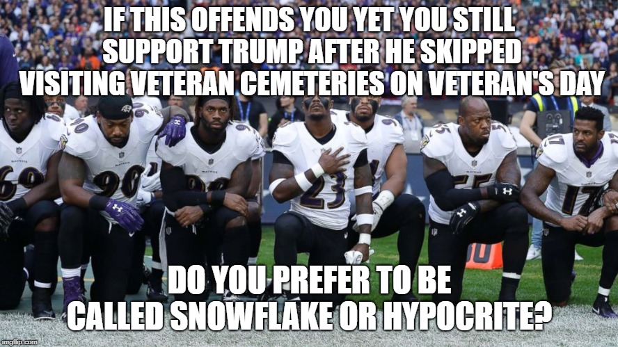 snowflake or hypocrite?  | IF THIS OFFENDS YOU YET YOU STILL SUPPORT TRUMP AFTER HE SKIPPED VISITING VETERAN CEMETERIES ON VETERAN'S DAY; DO YOU PREFER TO BE CALLED SNOWFLAKE OR HYPOCRITE? | image tagged in nfl kneeling,donald trump,maga,veterans day,veterans,politics | made w/ Imgflip meme maker