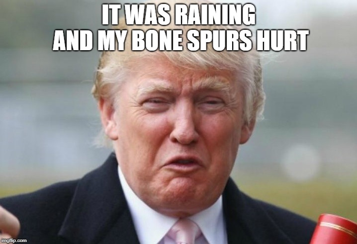 Trump Crybaby | IT WAS RAINING AND MY BONE SPURS HURT | image tagged in trump crybaby | made w/ Imgflip meme maker