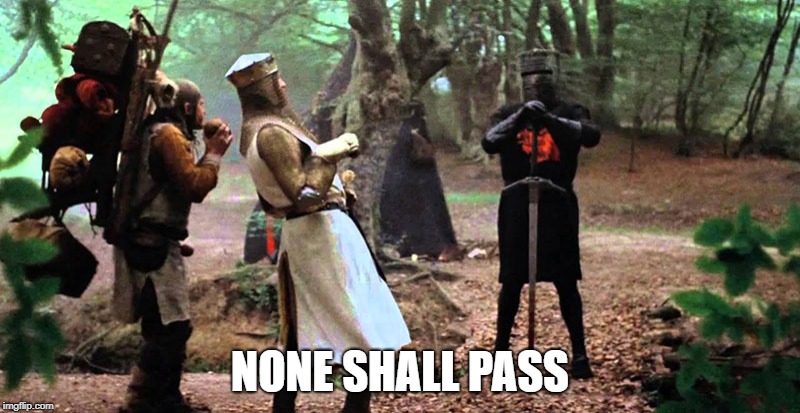 Image result for monty python black knight none shall pass meme