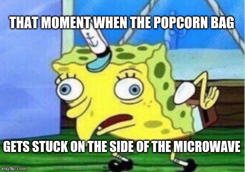 Mocking Spongebob | THAT MOMENT WHEN THE POPCORN BAG; GETS STUCK ON THE SIDE OF THE MICROWAVE | image tagged in memes,mocking spongebob | made w/ Imgflip meme maker