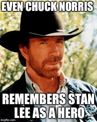 Chuck Norris | EVEN CHUCK NORRIS; REMEMBERS STAN LEE AS A HERO | image tagged in memes,chuck norris | made w/ Imgflip meme maker