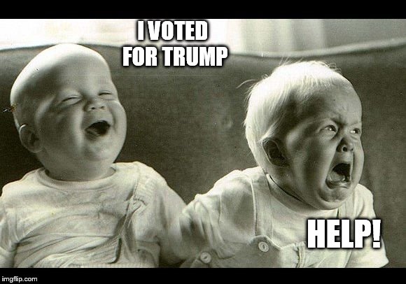 cry baby laughing baby | I VOTED FOR TRUMP; HELP! | image tagged in cry baby laughing baby | made w/ Imgflip meme maker