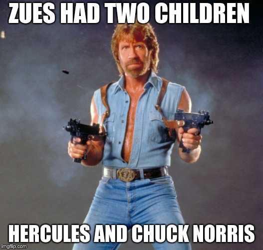 Chuck Norris Guns | ZUES HAD TWO CHILDREN; HERCULES AND CHUCK NORRIS | image tagged in memes,chuck norris guns,chuck norris | made w/ Imgflip meme maker