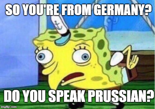 Mocking Spongebob | SO YOU'RE FROM GERMANY? DO YOU SPEAK PRUSSIAN? | image tagged in memes,mocking spongebob | made w/ Imgflip meme maker