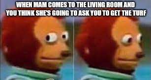 Scared Puppet | WHEN MAM COMES TO THE LIVING ROOM AND YOU THINK SHE'S GOING TO ASK YOU TO GET THE TURF | image tagged in scared puppet | made w/ Imgflip meme maker