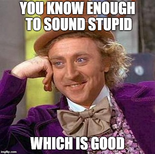 Creepy Condescending Wonka | YOU KNOW ENOUGH TO SOUND STUPID; WHICH IS GOOD | image tagged in memes,creepy condescending wonka | made w/ Imgflip meme maker