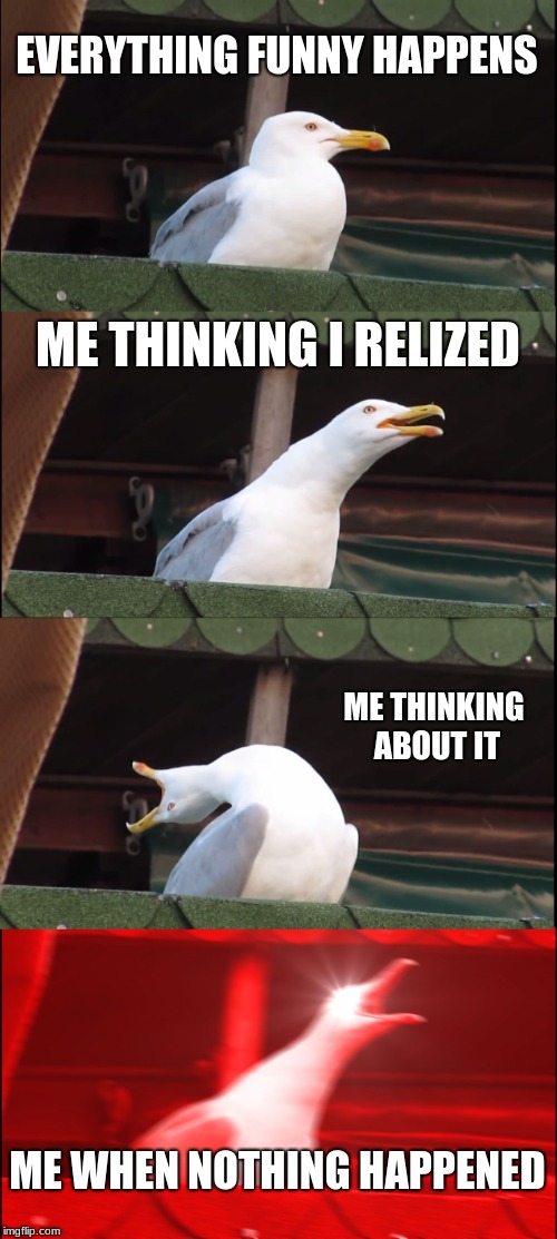 Inhaling Seagull Meme | EVERYTHING FUNNY HAPPENS; ME THINKING I RELIZED; ME THINKING ABOUT IT; ME WHEN NOTHING HAPPENED | image tagged in memes,inhaling seagull | made w/ Imgflip meme maker