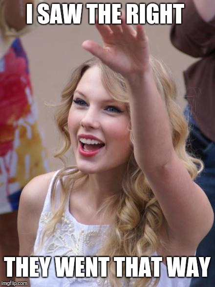 Taylor Swift Salute | I SAW THE RIGHT; THEY WENT THAT WAY | image tagged in taylor swift salute | made w/ Imgflip meme maker