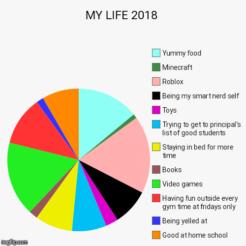 MY LIFE 2018 | Good at home school, Being yelled at, Having fun outside every gym time at fridays only, Video games, Books, Staying in bed f | image tagged in funny,pie charts | made w/ Imgflip chart maker